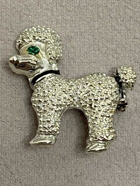 Vintage Poodle Dog Brooch Rhinestone Pave Silver Tone Green Eye Figural Pin